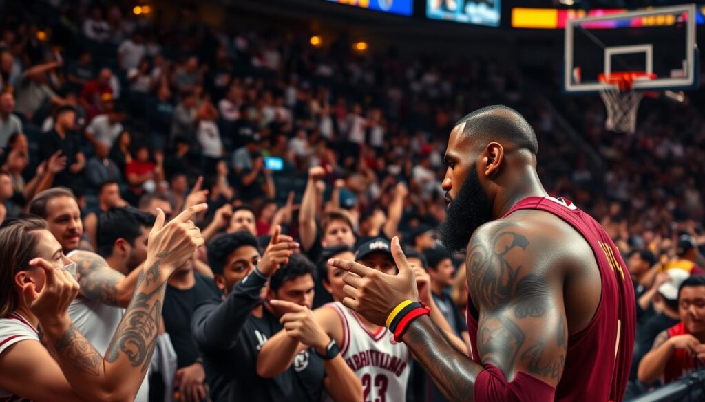 A crowded sports arena filled with enthusiastic basketball fans, their eyes fixed on the court. In the foreground, a group of fans excitedly examining LeBron James' intricate tattoos, marveling at the details and symbolism etched into his skin. The mid-ground captures the collective reaction, with hands pointing, phones raised, and expressions of awe and admiration. The background is a blur of jerseys, cheers, and the electric atmosphere of a game night. Dramatic lighting casts a warm, dramatic glow, capturing the energy and passion of the fans' engagement with LeBron's iconic body art.