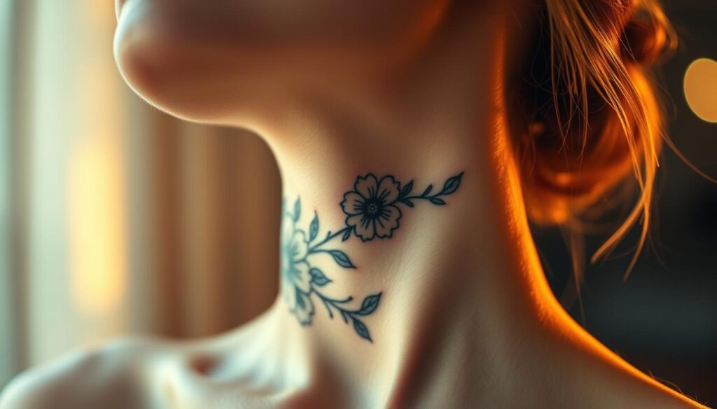 A delicate and elegant female's neck adorned with a captivating tattoo design. The tattoo features intricate floral patterns that gracefully wrap around the throat, exuding a sense of femininity and allure. The skin is flawless, with a soft, radiant glow illuminated by gentle, warm lighting. The perspective is close-up, capturing the details of the tattoo and the smooth, supple skin. The background is blurred, creating a focus on the mesmerizing tattoo and the model's delicate features. The overall mood is serene, inviting, and visually captivating, serving as an inspirational reference for those seeking a tasteful and sophisticated neck tattoo.