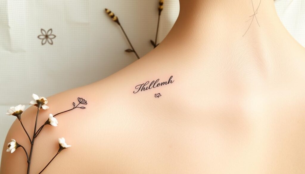 A delicate arrangement of beautiful small tattoos, meticulously rendered in a soft, natural light. In the foreground, intricate linework depicts minimalist floral designs, their petals delicately curling. In the middle ground, fine script and subtle geometric patterns adorn the skin, commemorating cherished moments. The background features a subtly textured canvas, lending an organic, handcrafted feel to the composition. The overall mood is one of elegance, intimacy, and a sense of personal significance, capturing the essence of "Celebrating Milestones with Small Tattoos."