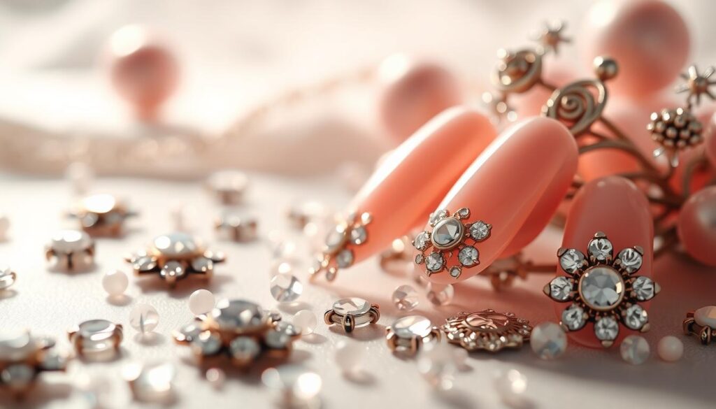 A delicate arrangement of pearl-pink nail accessories, beautifully illuminated by soft, diffused lighting. In the foreground, intricate rhinestones and crystals sparkle, creating a captivating texture. The middle ground features a selection of meticulously crafted nail charms, each one a miniature work of art. In the background, a hazy, dreamlike backdrop sets the mood, evoking a sense of luxury and sophistication. The overall composition is elegant, understated, and perfectly suited to enhance the radiant pearl-pink hue of the nails.