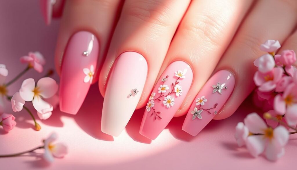 A delicate arrangement of pink and white acrylic nails adorned with intricate spring-inspired designs. The nails are set against a soft, pastel background, bathed in warm, diffused lighting that creates a gentle, dreamlike atmosphere. Delicate floral motifs, such as cherry blossoms and dainty daisies, are elegantly etched onto the nail surfaces, while subtle glittering accents add a touch of whimsical elegance. The nails are presented in a carefully curated still-life composition, capturing the essence of the season and the beauty of well-manicured, feminine hands.