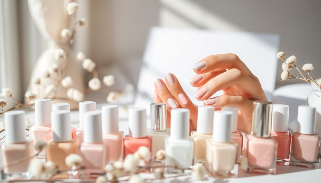 A delicate arrangement of seasonal manicure ideas captured in soft, natural lighting. In the foreground, an array of nail polish bottles in pastel shades of pink, white, and subtle accents. The middle ground showcases expertly painted nails displaying French-inspired designs, with a touch of floral or geometric patterns. In the background, a serene, minimalist backdrop allows the manicure details to take center stage. The overall mood is one of elegance, refinement, and a nod to the changing seasons.