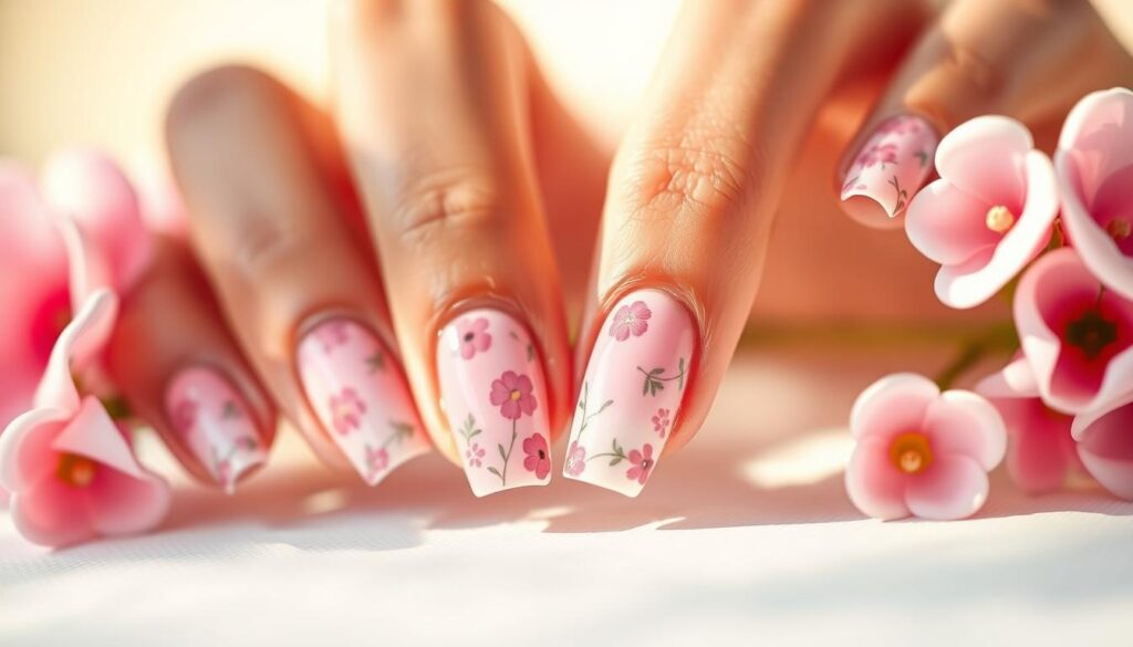A delicate arrangement of summer pink nail designs, meticulously crafted against a softly blurred background. The nails feature intricate floral patterns and subtle gradients, capturing the essence of warm-weather style. Warm, natural lighting casts a gentle glow, accentuating the polished, feminine aesthetic. The scene is framed with a shallow depth of field, directing the viewer's attention to the artfully painted nails as the central focus. This image evokes a sense of effortless elegance, perfectly complementing the "Accessorizing Your Summer Pink Nails" section of the article.