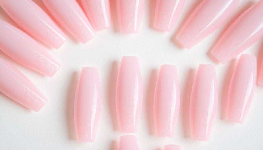 A delicate array of light pink coffin-shaped nails, each adorned with a subtle shimmer that catches the soft, diffused light. The nails are arranged in a visually striking, geometric pattern, creating an eye-catching display. The background is a soft, pale backdrop, allowing the nails to take center stage and showcase the elegant, on-trend aesthetic. Captured with a shallow depth of field, the focus draws the viewer's attention to the intricate details and textures of the nails, showcasing the precision and care taken in their design. A delicate array of light pink coffin-shaped nails, each adorned with a subtle shimmer that catches the soft, diffused light. The nails are arranged in a visually striking, geometric pattern, creating an eye-catching display. The background is a soft, pale backdrop, allowing the nails to take center stage and showcase the elegant, on-trend aesthetic. Captured with a shallow depth of field, the focus draws the viewer's attention to the intricate details and textures of the nails, showcasing the precision and care taken in their design.