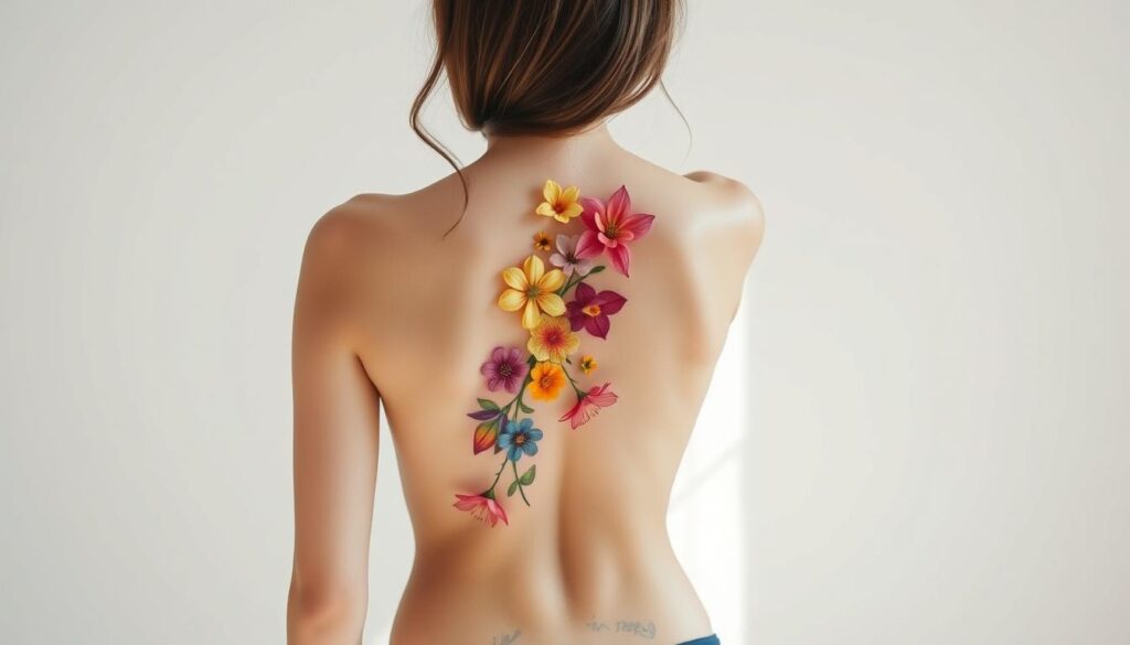 A delicate bouquet of vibrant flowers cascades along the graceful curve of a spine, their petals unfurling in a symphony of color. The subject stands in a serene, minimalist studio setting, bathed in soft, natural lighting that accentuates the intricate linework and shading of the tattoo design. The focus is on the placement and size of the floral motif, creating a visually striking and harmonious composition that celebrates the beauty of both the human form and the art of body adornment.