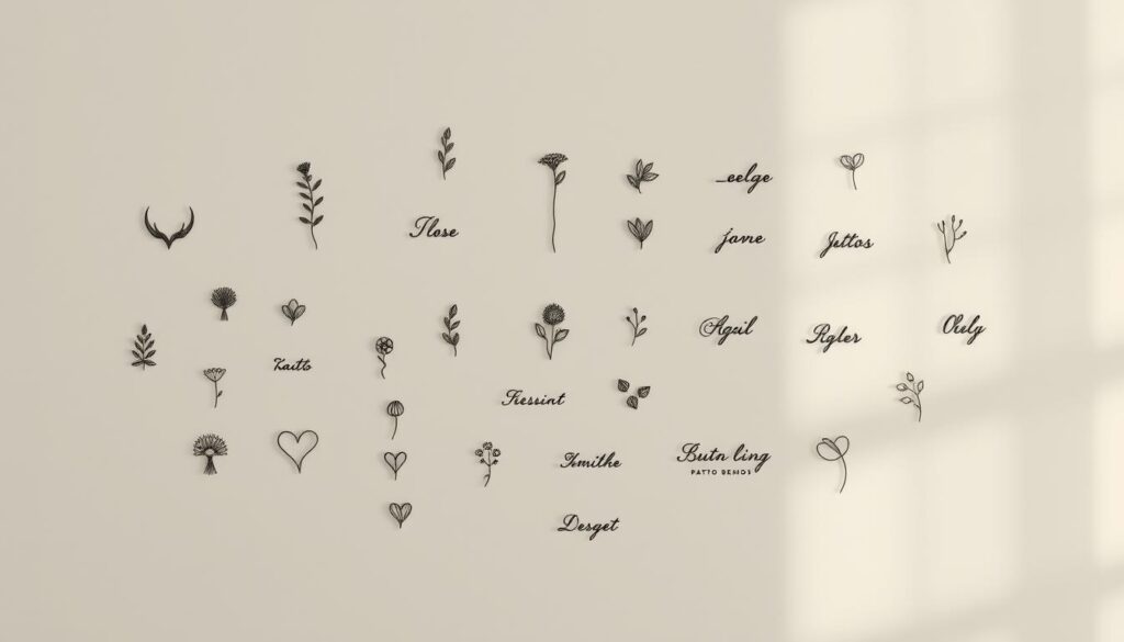 A delicate collection of small, meaningful tattoos arranged against a softly lit, minimalist background. A variety of intricate line-work designs feature delicate botanical motifs, symbolic shapes, and personal inscriptions, each one a unique expression of the wearer's identity. The tattoos are depicted with a sharp, realistic style that captures their intricate details and subtle shading. The overall mood is one of understated elegance and personal significance, inviting the viewer to closely examine the thoughtful, miniature artworks.