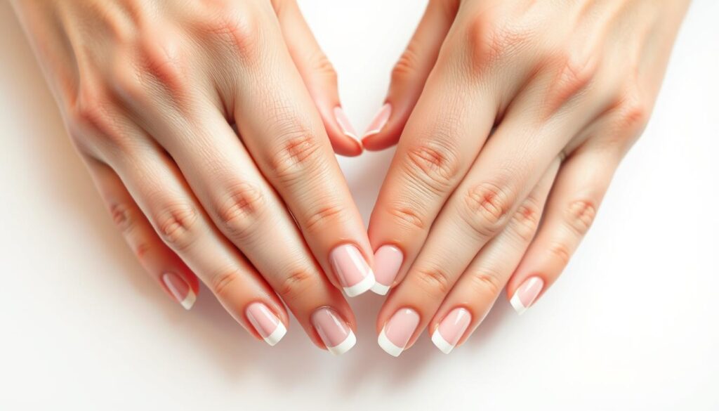 A delicate pink French manicure, captured in a close-up studio shot. The nails are perfectly shaped, with a crisp white tip transitioning seamlessly into a soft, baby pink base. The lighting is soft and diffused, creating a warm, flattering glow that highlights the subtle sheen of the nail polish. The composition places the hands in the center of the frame, allowing the viewer to focus on the intricate details of the manicure. The background is a clean, minimalist white, drawing all attention to the beautifully painted nails. This image perfectly conveys the chic, elegant look of a classic pink French tip, ready to be achieved in just a few easy steps.