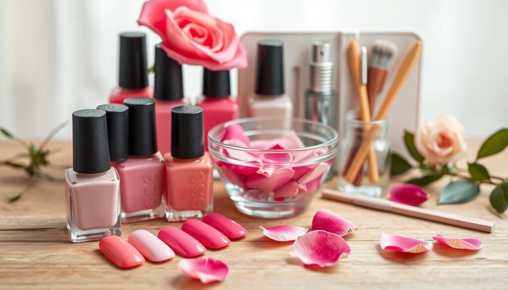 A delicate still life showcasing an array of DIY nail care treatments. In the foreground, a selection of polishes in various shades of pink, from soft blush to vibrant fuchsia, arranged neatly on a wooden surface. In the middle ground, a manicure set including nail files, cuticle pushers, and a small glass bowl filled with a soothing rose petal soak. The background features a soft, diffused light, creating a calming, spa-like atmosphere. The overall composition emphasizes the simplicity and accessibility of creating a personalized pink nail care regimen at home, inviting the viewer to indulge in a moment of self-care.