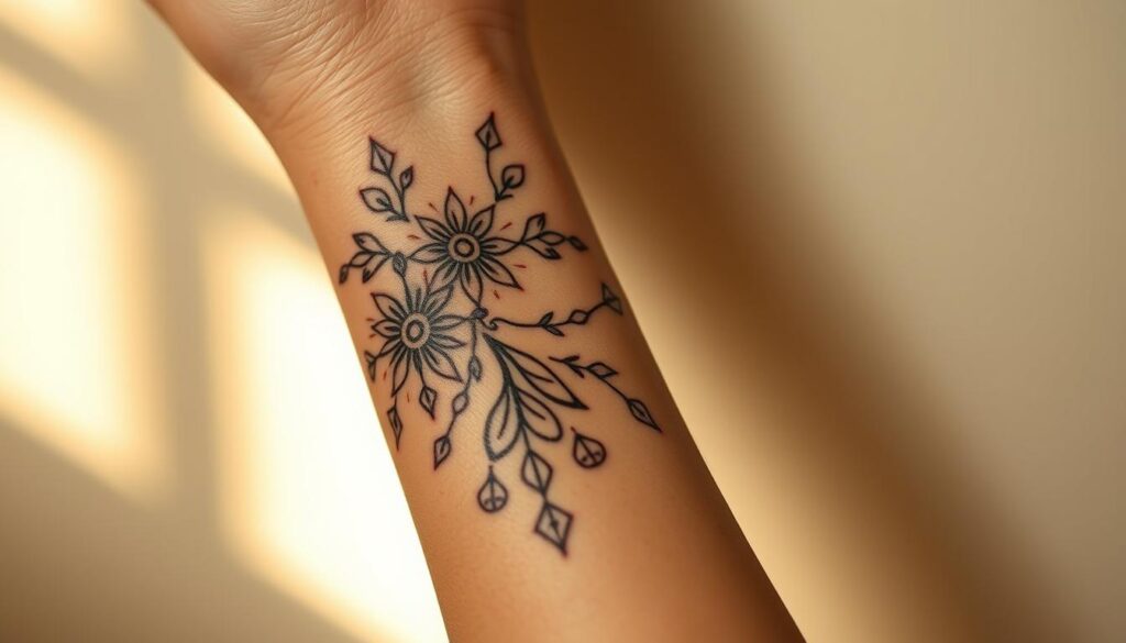 A delicate wrist adorned with intricate cover-up tattoo designs. Close-up shot showcasing a woman's forearm, featuring a harmonious arrangement of floral patterns, geometric shapes, and flowing lines that seamlessly conceal a previous tattoo. Warm, soft lighting casts gentle shadows, highlighting the intricacies of the ink work. The image conveys a sense of elegance, femininity, and personal transformation, embodying the essence of the "Cover-Up Options for Existing Tattoos" section.