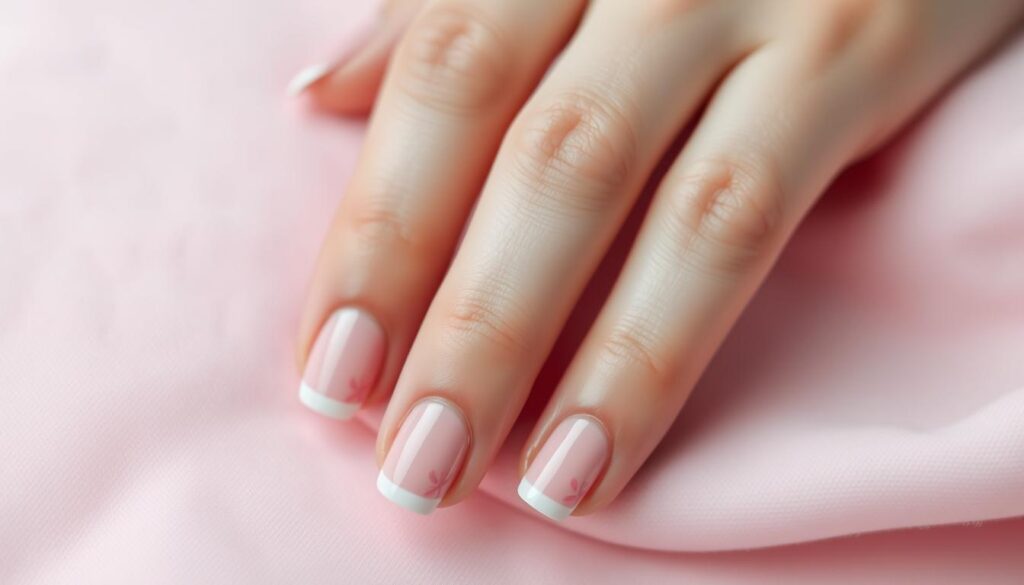 A detailed close-up of a professionally manicured hand, featuring a delicate pink ribbon design painted on the nails. The nails are neatly trimmed and polished, with a glossy, high-shine finish. The hand is resting on a soft, pastel-colored surface, creating a serene and elegant composition. The lighting is soft and diffused, highlighting the intricate details of the nail art. The overall mood is one of refined beauty and femininity, perfectly capturing the essence of the "pink ribbon nails" concept.