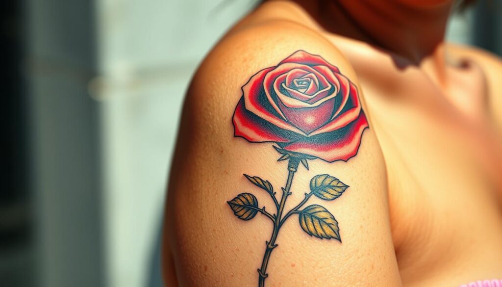 A detailed close-up of a woman's arm featuring a vibrant rose tattoo, rendered in a realistic style with a soft, diffused lighting. The tattoo is a detailed illustration of a red rose with lush, velvety petals and thorny stems, set against the model's sun-kissed skin. The composition emphasizes the intricate linework and shading, capturing the delicate, organic nature of the floral design. The background is slightly blurred, drawing the viewer's attention to the captivating tattoo artwork. This image conveys the beauty and timeless appeal of rose tattoos for women.