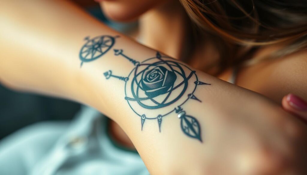 A detailed close-up of a woman's forearm, showcasing a stunning rose tattoo design. The rose is the central focus, its petals delicately shaded and textured, with intricate linework outlining the form. Surrounding the rose are other symbolic elements, such as a dreamcatcher or a compass, seamlessly integrated into the tattoo composition. The lighting is soft and diffused, highlighting the depth and dimensionality of the tattoo. The angle is slightly angled, providing a sense of intimacy and highlighting the tactile nature of the ink on skin. The overall mood is one of natural beauty, personal expression, and the harmonious blending of different design elements.