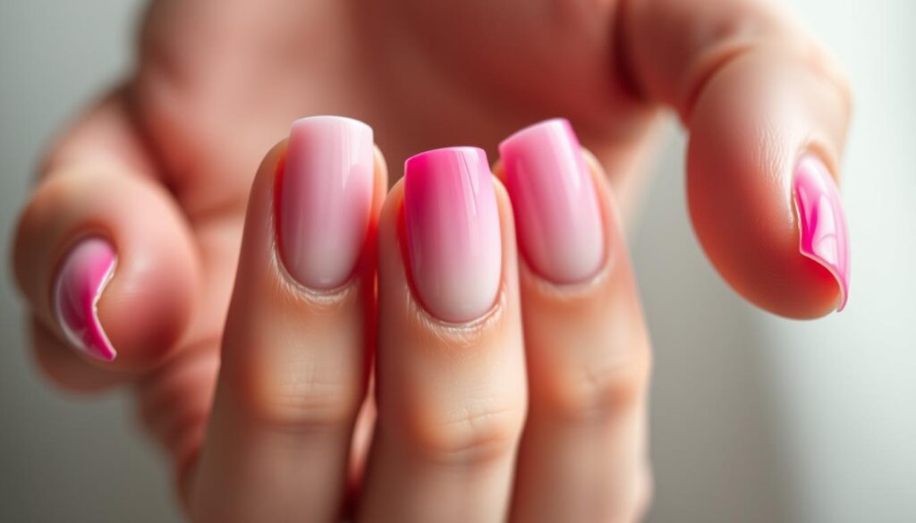 A detailed close-up of assorted ombre nail designs on a chic, manicured hand. The nails display a seamless gradient from a pale pink base to a vibrant fuchsia tip, with a soft, hazy focus on the fingertips. The lighting is soft and diffused, creating a dreamy, high-fashion atmosphere. The background is subtly blurred, keeping the focus on the intricate nail art. The overall composition conveys a sense of elegant simplicity, highlighting the nuanced color transitions and precise application of the ombre effect.