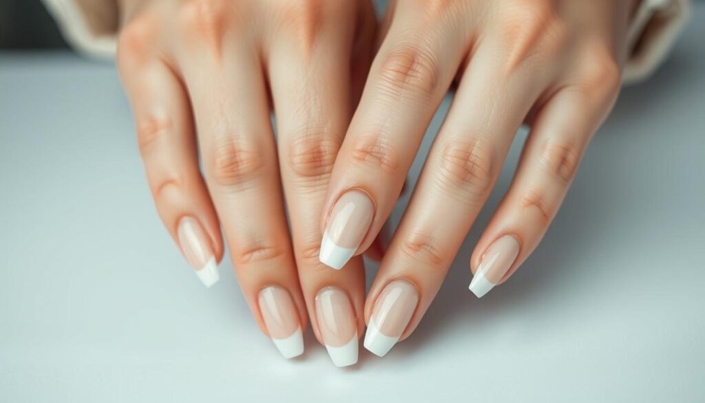 A detailed close-up of elegantly manicured french tip stiletto nails in a variety of natural, neutral tones. The nails are perfectly shaped and polished, with delicate white tips that transition seamlessly into the base color. Soft, even lighting captures the subtle sheen and texture of the lacquered nails. The hands are relaxed, fingers gently splayed to showcase the meticulous nail art. A minimalist, serene background allows the nails to be the central focus, highlighting their sophisticated and fashionable aesthetic.