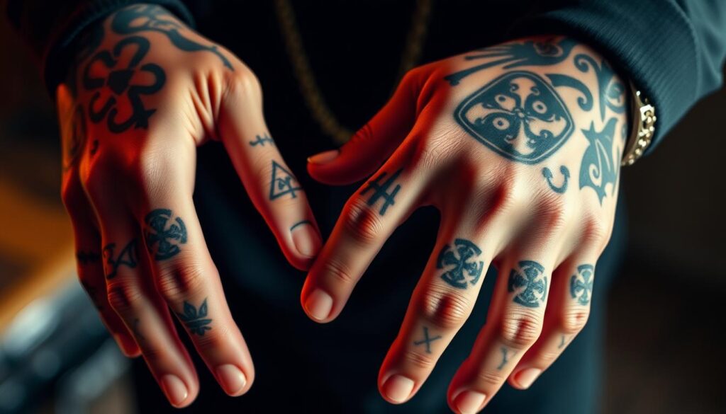 A detailed close-up photograph of Eminem's tattooed hands and forearms. The tattoos are prominently featured, showcasing their intricate designs and symbolic meanings. The lighting is soft and warm, accentuating the depth and texture of the ink. The background is slightly blurred, keeping the focus on the tattoos as the central subject. The image conveys a sense of artistry and personal expression, reflecting the role of tattoos in Eminem's creative identity and the narratives they communicate through his music.