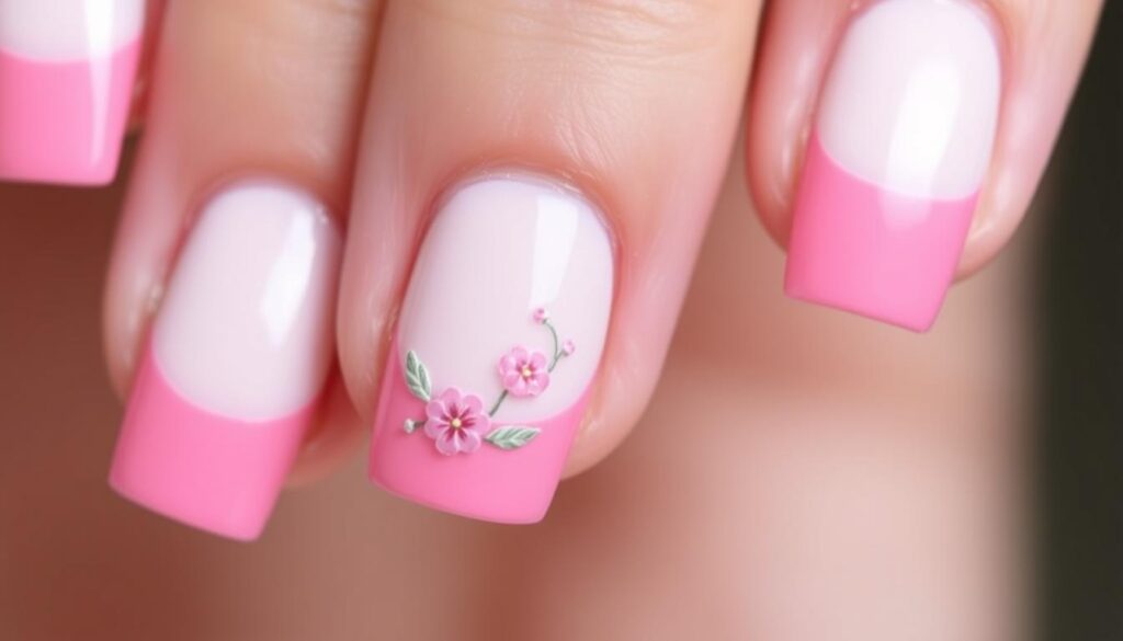 A detailed close-up photograph of perfectly manicured nails showcasing a custom pink and white French tip design. The nails are meticulously shaped and polished, with a seamless gradient transition from the vibrant pink base to the crisp white tips. Delicate floral patterns in a complementary palette are artfully painted across the nail beds, adding a touch of elegant sophistication. Soft, diffused lighting accentuates the intricate details and the lustrous, glossy finish. The image captures the essence of a customized, high-fashion nail art look that perfectly aligns with the section's title "How to Customize Your Pink and White French Tips".