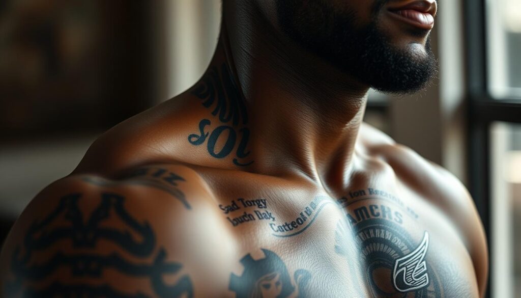 A detailed close-up shot of LeBron James' upper body, capturing his intricate tattoo collection that tells the story of his life and career. The tattoos stand out against his muscular physique, illuminated by soft, natural lighting that emphasizes their depth and artistry. The foreground focuses on the meaningful designs, while the middle ground provides context with a blurred background, suggesting a sense of personal reflection. The overall mood is one of reverence and introspection, inviting the viewer to explore the unique narrative woven into LeBron's skin.