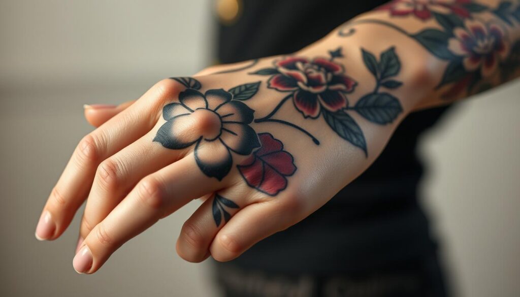 A detailed close-up shot of a female hand adorned with bold, baddie-inspired floral tattoo designs. The tattoos feature dark, dramatic petals and leaves in a mix of blacks, grays, and deep reds, creating an edgy, high-contrast aesthetic. The skin has a soft, luminous quality, with warm, directional lighting accentuating the contours and textures of the hand. The composition focuses tightly on the tattoos, filling the frame and creating an intense, intimate mood. The background is subtly blurred, placing the emphasis entirely on the striking, rebellious floral body art.