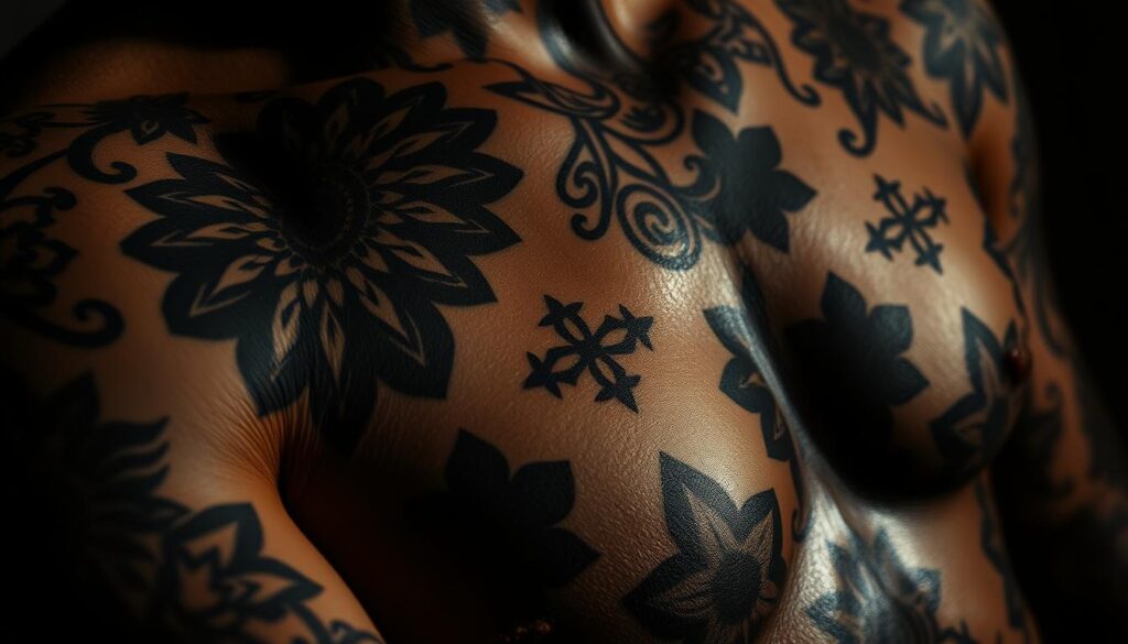 A detailed close-up shot of intricate blackwork tattoos covering a person's skin. The tattoos feature bold geometric patterns, thick lines, and deep black shading, creating a striking, high-contrast visual. The lighting is dramatic, casting dramatic shadows that accentuate the textures and contours of the skin. The camera angle is slightly angled, providing a dynamic, immersive perspective. The overall mood is moody, mysterious, and powerful, reflecting the timeless allure of traditional blackwork tattoo designs.