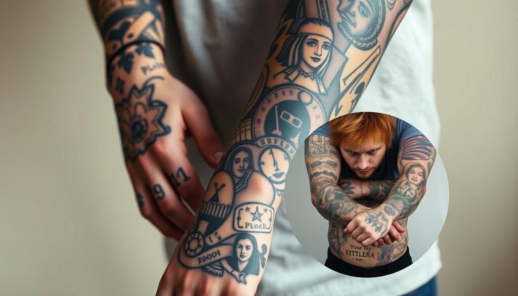 A detailed close-up view of Ed Sheeran's tattooed arms, showcasing the impressive number of ink he has accumulated over the years. The foreground features his tattooed hands and wrists, meticulously rendered with a high level of detail, capturing the intricate designs and the varied shades of ink. The middle ground zooms in on his tattooed sleeves, revealing the eclectic collection of symbols, lyrics, and portraits that adorn his arms. The background is a soft, slightly blurred, neutral setting, allowing the focus to remain on the tattoos themselves. The lighting is natural, accentuating the texture and depth of the ink work. The overall mood is one of curiosity and admiration for the musician's extensive tattoo collection.