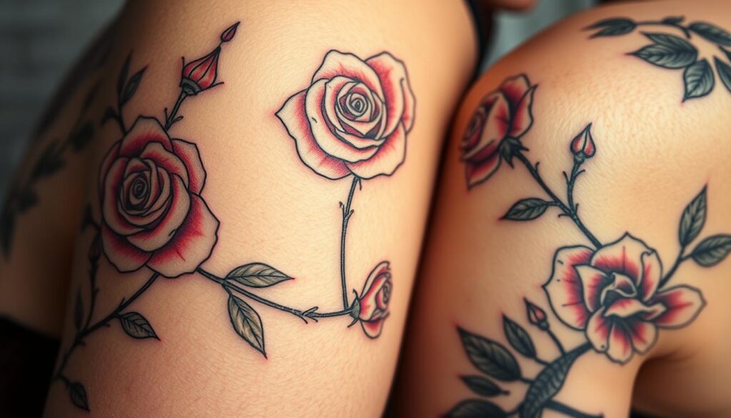A detailed close-up view of delicate rose tattoo designs, featuring intricate petals, thorns, and leaves with a striking balance of realistic and stylized elements. The composition is centered on the floral motifs, with a soft, romantic lighting that casts gentle shadows and highlights the textures of the skin. The tattoos are showcased against a clean, neutral background that allows the beauty and artistry of the designs to shine. The overall mood is one of elegant, feminine allure, capturing the essence of the rose as a timeless symbol of love and beauty.