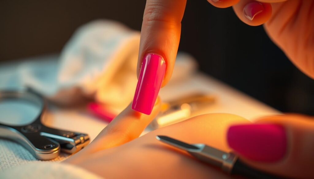 A detailed close-up view of the nail removal process, shot with a macro lens in soft, warm lighting. The foreground shows a hand gently lifting off a vibrant hot pink coffin-shaped nail, revealing the natural nail bed underneath. The middle ground showcases the various tools used, such as nail clippers, files, and a cuticle pusher. The background is blurred, creating a sense of focus on the delicate procedure. The overall atmosphere is one of care, precision, and a touch of therapeutic tranquility, reflecting the need to safely remove this trendy manicure.