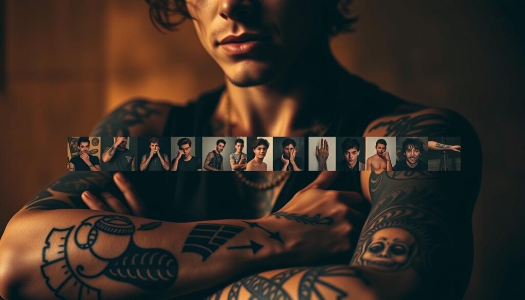 A detailed collage showcasing Harry Styles' diverse tattoo designs over the years, captured in a moody, high-contrast photographic style. The foreground features a close-up view of Harry's arms, highlighting the intricate patterns and symbols that adorn his skin, meticulously rendered with a sharp, lifelike quality. The middle ground presents a timeline-like arrangement of smaller tattoo images, capturing the evolution of his personal ink collection. The background maintains a soft, atmospheric blur, creating a sense of depth and emphasizing the focal points. Warm, dramatic lighting casts shadows that accentuate the textures and contours of the tattoos, conveying a sense of artistic contemplation.