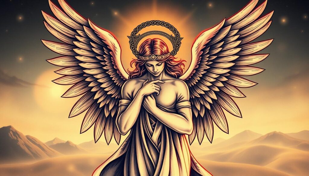 A detailed illustration of traditional angel tattoo concepts, showcasing a majestic winged angel figure in the foreground, with a warm, soft lighting that casts a heavenly glow. The middle ground features ornate halo and wing details, while the background is a serene, ethereal landscape with a faint celestial atmosphere. The overall composition conveys a sense of divine grace, spiritual symbolism, and timeless elegance, capturing the essence of a meaningful traditional angel tattoo design.