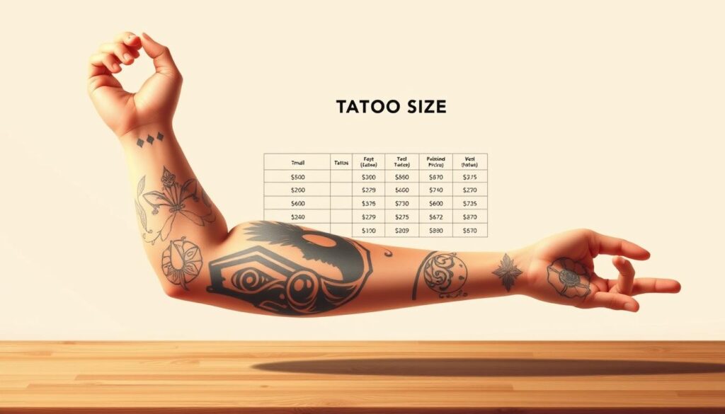 A detailed illustration showcasing the pricing scale for different tattoo sizes. The foreground features a realistic human arm with a variety of tattoo designs, from small details to large, intricate pieces. The middle ground displays a clear, comprehensive pricing chart, detailing the cost range for tattoos of varying dimensions. The background is a clean, minimalist setting, allowing the focal elements to stand out prominently. Warm, natural lighting casts a subtle glow, creating a professional, informative atmosphere. The overall composition is balanced, with a focus on providing a visually striking, educational representation of tattoo size pricing.