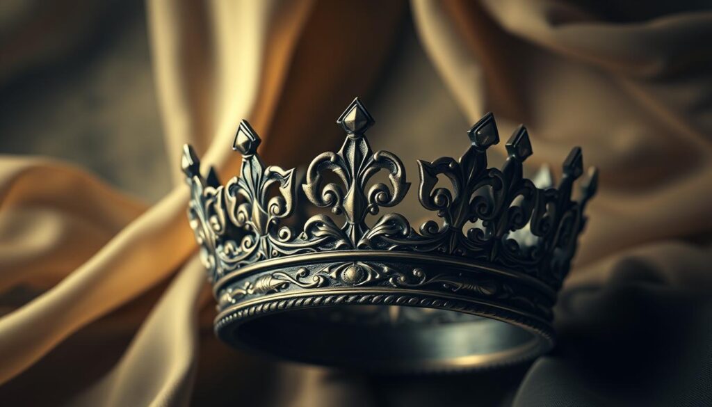 A detailed, photorealistic crown tattoo design in the foreground, rendered with striking clarity and precision. The crown features intricate filigree patterns, gleaming metallic accents, and subtle shadows that convey a sense of depth and dimensionality. The crown is set against a blurred, atmospheric backdrop with hints of elegant, regal elements like swirling fabric or flowing lines to complement the central tattoo motif. The lighting is soft and directional, creating chiaroscuro effects that highlight the crown's sculptural form. The overall mood is one of sophistication, power, and timeless elegance, capturing the essence of crown tattoos as a popular cultural symbol.
