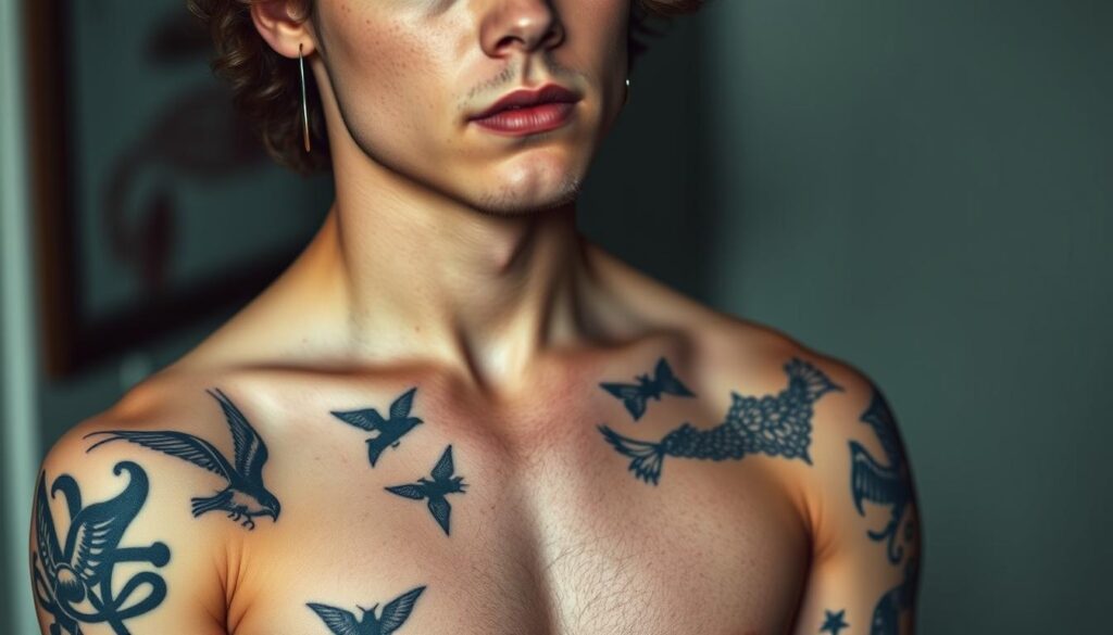 A detailed portrait of Harry Styles, capturing the evolution of his tattoos over time. A close-up view showcases his intricate body art, from the classic swallows on his chest to the newer designs adorning his arms and torso. The lighting is soft and flattering, highlighting the delicate lines and shading of the tattoos. The background is slightly blurred, keeping the focus on the subject's ink-adorned skin. The overall mood is one of personal expression and artistic individuality, reflecting Harry's changing image and style throughout his career.