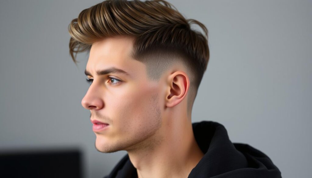 A detailed portrait of a mullet fade haircut, showcasing the gradual transition from longer hair on top to shorter sides and back. The subject is positioned in a well-lit studio setting, with a neutral background allowing the hairstyle to be the focal point. The lighting is soft and flattering, accentuating the textures and layers of the haircut. The camera angle is slightly elevated, providing a balanced, three-quarter view of the subject's head. The overall mood is one of modern sophistication, highlighting the stylish and trendy nature of the mullet fade.