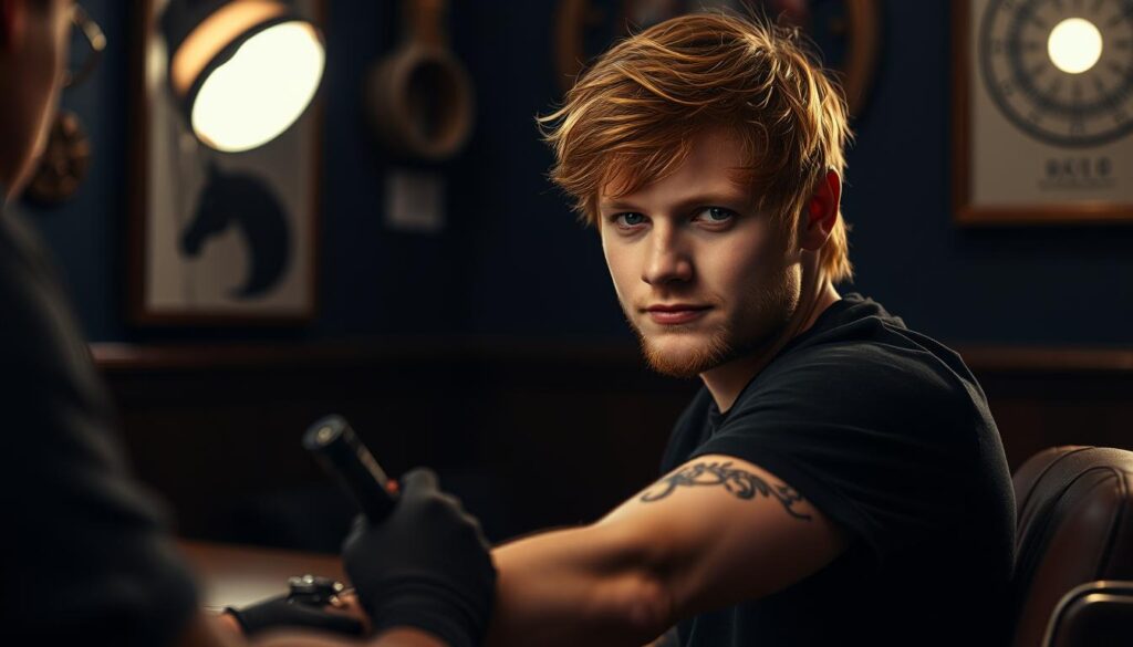 A detailed portrait of a young Ed Sheeran, sitting in a dimly lit tattoo parlor, his left forearm extended on the armrest as the tattoo artist delicately outlines his first tattoo. The scene is captured with a shallow depth of field, drawing the viewer's attention to the intricate linework and the artist's steady hand. Soft, warm lighting casts a gentle glow on Sheeran's pensive expression, while the muted tones of the parlor's decor create a moody, intimate atmosphere. The composition emphasizes the significance of this moment, as Sheeran embarks on his tattoo journey, transforming his blank canvas into a work of living art.