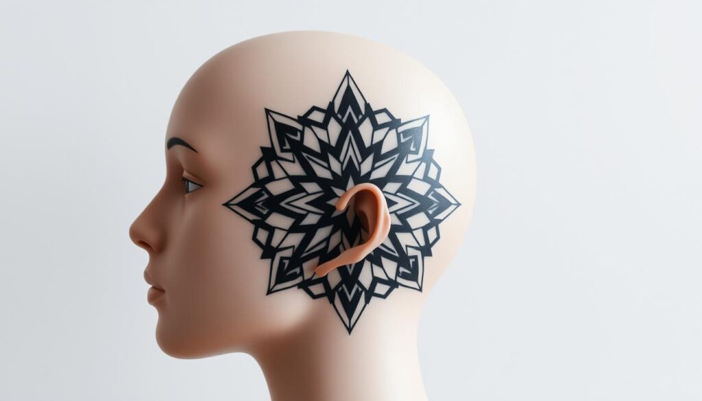 A detailed, precisely rendered head with a striking geometric tattoo design in the foreground. The tattoo features a symmetrical, intricate pattern of angular shapes, lines, and polygons in shades of black and gray. The head is depicted in a clean, minimalist style with a neutral, natural-looking skin tone. Soft, diffused lighting illuminates the scene, creating depth and dimension. The angle showcases the three-dimensional, sculptural quality of the tattoo design. The overall composition is balanced and visually compelling, highlighting the artistic and creative potential of head tattoos.