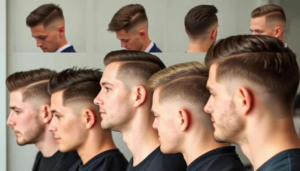 A detailed progression of men's crew cut hairstyles, showcasing the evolution from classic military-inspired cuts to modern interpretations. Crisp fades and contoured clippers carve sharp lines, while textured crops and tapered napes offer a refined, timeless look. Soft, natural lighting accentuates the varied textures and sculpted silhouettes, creating a cohesive visual narrative that celebrates the enduring appeal of the crew cut style. Captured from a slightly elevated perspective, the image presents a comprehensive overview of this iconic men's hairstyle and its transformative journey through the decades.