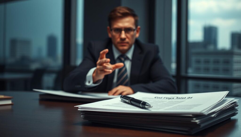 A dimly lit office setting, with a desk in the foreground featuring a stack of documents and a pen resting on top. In the middle ground, a person in a suit gestures emphatically, their face expressing a sense of urgency. The background is blurred, but suggests a cityscape visible through a window, conveying a sense of the fast-paced corporate world. The lighting is soft and moody, creating a contemplative atmosphere. The overall composition emphasizes the concept of "cutting to the chase" - a direct, efficient approach to problem-solving.