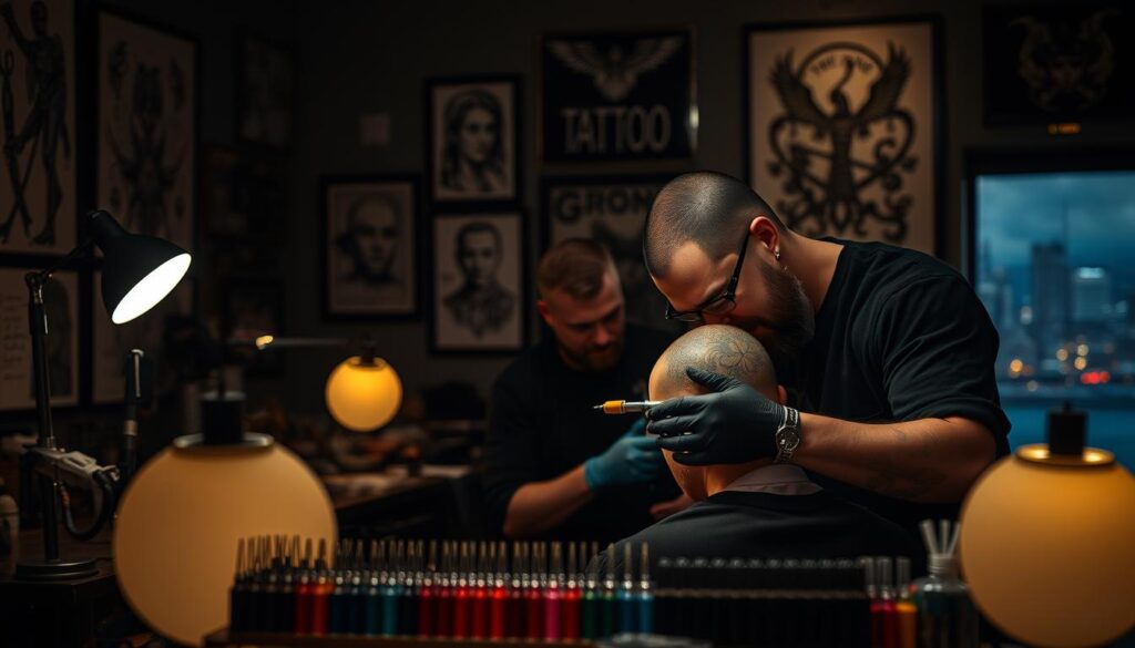A dimly lit tattoo parlor, the walls adorned with intricate designs and sketches. In the foreground, three talented tattoo artists, their focused expressions accentuated by the warm glow of desk lamps. One artist, a master of his craft, delicately inks a captivating design onto the shaved head of a client, capturing the perfect balance of precision and artistry. The middle ground features a display of various tattoo needles, pigments, and other tools of the trade, hinting at the meticulous attention to detail required for exceptional head tattoos. In the background, a softly blurred cityscape sets the scene, suggesting the urban, contemporary vibe of the tattoo industry. The overall atmosphere exudes a sense of professionalism, creativity, and the pursuit of excellence in the art of head tattoos.