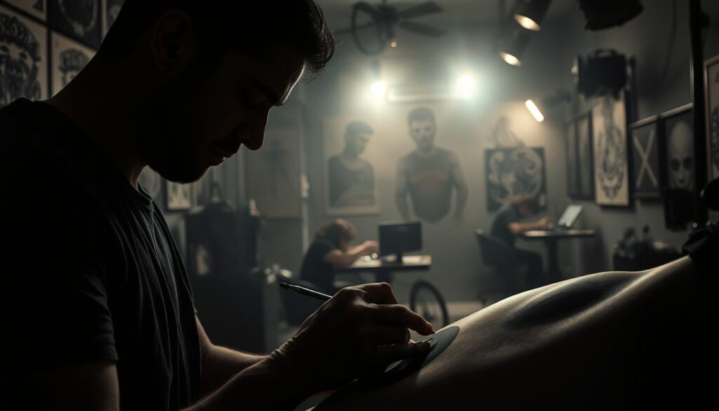 A dimly lit tattoo studio, its walls adorned with intricate blackout tattoo designs. In the foreground, a tattooist's steady hand guides the needle, meticulously filling in a bold, black canvas on a client's skin. The artist's face is shadowed, their focus unwavering as they create a masterpiece of darkness. In the middle ground, other tattooing stations are scattered, each housing a unique artist, their styles blending to form a cohesive aesthetic. The background is a hazy, atmospheric space, the air thick with the buzz of tattoo machines and the scent of ink. The lighting is soft, casting dramatic shadows that accentuate the raw, edgy nature of the blackout tattoo craft.