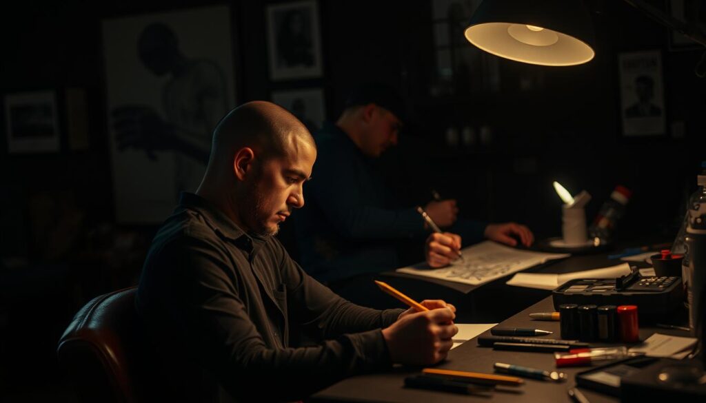 A dimly lit tattoo studio, the artist's workspace meticulously prepared. In the foreground, a client sits, brow furrowed, as the artist examines the chosen design, pencil in hand. Nearby, an array of inks and needles, the tools of the trade, laid out with precision. The atmosphere is one of focus and anticipation, the client's head carefully shaved, ready for the intricate work to begin. Soft, warm lighting casts a gentle glow, creating an intimate, almost meditative ambiance. The scene is one of careful preparation, a calm before the creative storm that will transform the client's canvas into a bold, personal work of art.