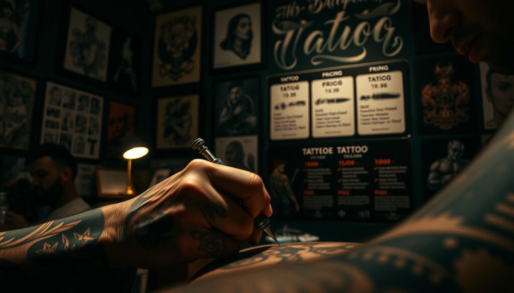 A dimly lit tattoo studio, the walls adorned with intricate designs and portfolios showcasing the artist's expertise. In the foreground, a tattooed hand carefully wields a tattoo machine, the needle delicately tracing the outline of a new creation on a client's skin. The artist's face is focused, their years of experience evident in the precision of their movements. In the background, a display of various tattoo styles and pricing tiers, each reflecting the level of expertise and artistry the client can expect. The lighting is warm and inviting, creating a sense of professionalism and craftsmanship that is the hallmark of a skilled tattoo artist.