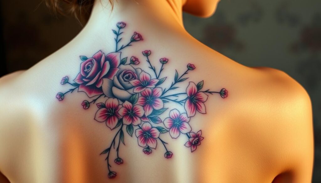A finely detailed, high-resolution close-up photograph of a young woman's back, showcasing a breathtaking floral tattoo design. The tattoo features an intricate arrangement of vibrant flowers, including roses, lilies, and cherry blossoms, elegantly cascading down the model's spine and shoulders. The skin is smooth and luminous, with a warm, natural lighting that accentuates the tattoo's depth and nuanced shading. The composition is centered, allowing the viewer to fully appreciate the symbolic and artistic merits of the tattoo. The background is softly blurred, keeping the focus solely on the captivating tattoo design.