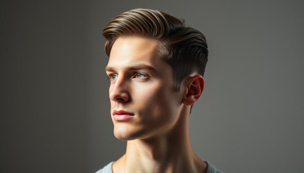 A finely groomed male model showcasing a versatile middle part hairstyle, framed in a well-lit, studio-style setting. The hair is styled with a smooth, sleek texture, parted evenly down the center and flowing naturally to either side. The lighting casts a subtle, directional glow, accentuating the model's facial features and the distinct lines of the hairstyle. The background is a simple, muted tone that allows the hairstyle to be the central focus, capturing the timeless appeal and enduring style of this iconic look.