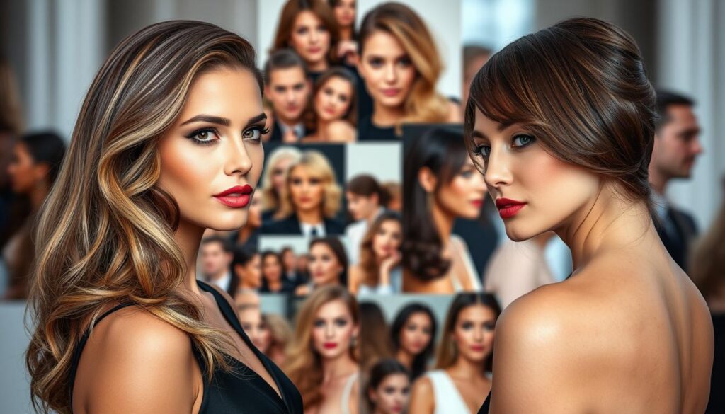 A glamorous and stylish side part hairstyle showcase, featuring a diverse array of celebrity looks. In the foreground, close-up portraits capture the elegant, sophisticated side part hairstyles of Hollywood A-listers, their hair styled with precision and shine. The middle ground showcases a dynamic collage of celebrity candids, highlighting the versatility and timeless appeal of the side part trend. In the background, an artistic blur creates a sense of high-fashion editorial, with soft lighting and a muted color palette that enhances the refined, chic atmosphere. The overall composition exudes a polished, aspirational vibe, inspiring viewers to embrace the side part as a classic, enduring hairstyle.