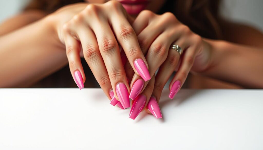 A glamorous celebrity's manicured hands, the coffin-shaped nails painted in a stunning shade of pink, capturing the essence of modern elegance. The lighting is soft and flattering, highlighting the intricate details of the nail art. The hands are posed gracefully, resting against a minimalist background that allows the nails to take center stage. The image exudes a sense of high-fashion and trendsetting, inspiring viewers to embrace the captivating allure of coffin pink nails.