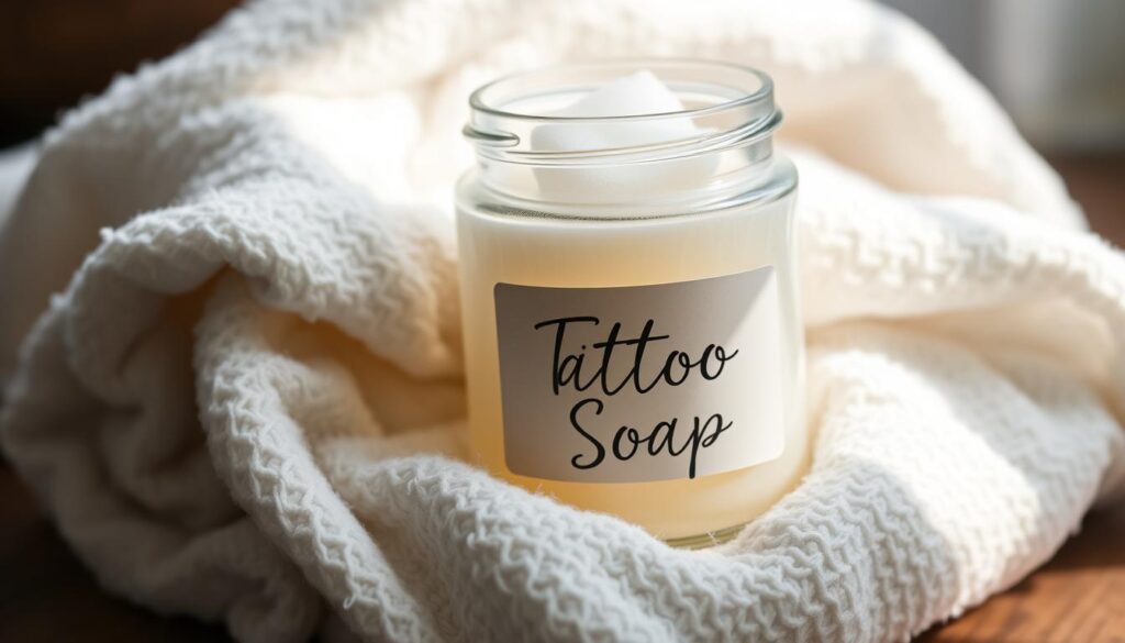 A glass jar filled with a clear, gentle soap for tattoos, resting on a soft, white towel. The soap has a light, creamy texture and a subtle, calming fragrance. The jar's label prominently displays the words "Tattoo Soap" in a simple, elegant font. Soft, natural lighting illuminates the scene, creating a serene and inviting atmosphere. The composition emphasizes the simplicity and purity of the soap, highlighting its suitability for caring for delicate, newly inked skin.