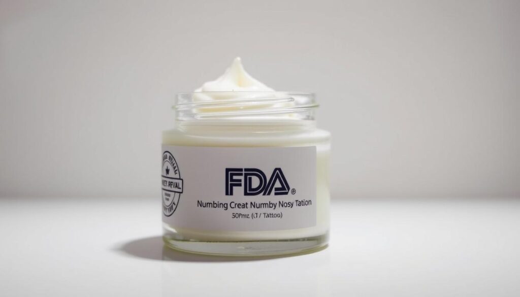 A glass jar filled with a clear, viscous numbing cream, labeled with the FDA approval seal. The jar is placed on a clean, white surface, illuminated by soft, diffused lighting from above. The cream has a slight sheen, suggesting a smooth, silky texture. The background is a simple, muted color, allowing the jar and its contents to be the focal point. The image conveys a sense of professionalism, safety, and medical-grade quality, suitable for illustrating the "Legal and Health Considerations" section of an article on the best numbing creams for tattoos.