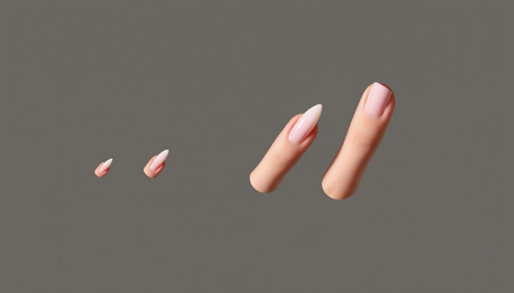 A graceful transition between nail shapes, a fluid dance of almond and stiletto forms. Soft, muted lighting casts gentle shadows, highlighting the elegant curves and sharp points in an understated harmony. The nails shift seamlessly, a mesmerizing metamorphosis captured in a single frame, inviting the viewer to explore the nuances of this versatile transformation. A sense of refinement and subtle sophistication permeates the scene, mirroring the article's exploration of the best nail shape for individual hands.