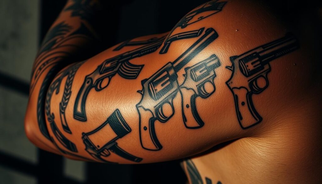 A gritty, close-up view of an assortment of intricate gun tattoo designs on a weathered, muscular arm. The tattoos feature detailed linework, shading, and a mix of traditional and neo-traditional styles, showcasing the evolution of this iconic tattoo motif. Dramatic chiaroscuro lighting casts dramatic shadows, highlighting the textures and contours of the skin. The composition emphasizes the bold, rebellious nature of these tattoos, capturing the allure and symbolism that has made gun tattoos a lasting part of tattoo culture.