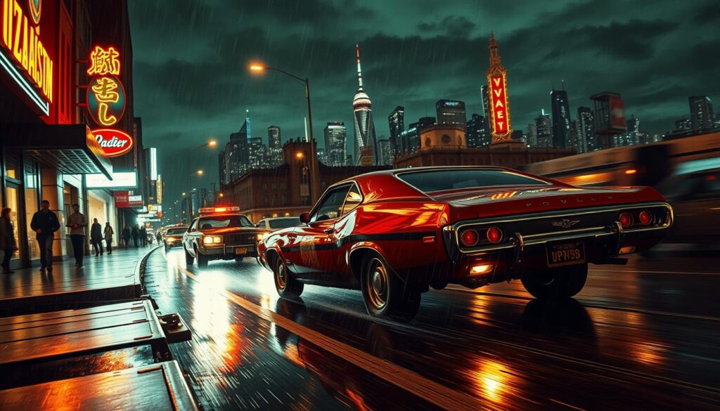 A gritty, high-contrast night scene of a classic 1970s car chase. In the foreground, a vintage muscle car peels out, tires screeching, as a police cruiser pursues it down a rain-slicked urban street. Neon signs and streetlights cast dramatic shadows, creating a moody, neo-noir atmosphere. In the middle ground, pedestrians scatter and storefronts blur by. In the distant background, the skyline of a sprawling metropolis looms, its skyscrapers silhouetted against a dark, turbulent sky. The composition emphasizes the energy and intensity of the chase, capturing the origins of this iconic cinematic trope.