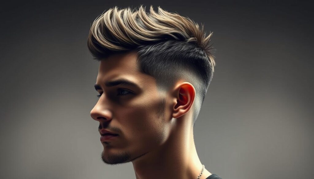 A high-quality, high-fade mullet hairstyle for a confident, stylish man. The model has short, neatly trimmed sides and a medium-length, textured mullet on top, with subtle layers and volume. Soft studio lighting creates an elegant, masculine ambiance, while a medium-wide angle lens captures the dynamic silhouette from a slightly elevated viewpoint. The overall look exudes a modern, versatile aesthetic that could be suitable for both casual and formal settings.